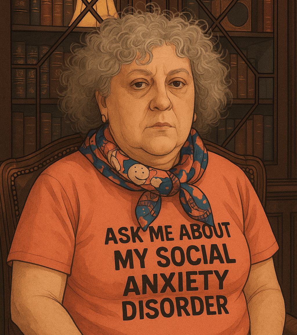 An grey-haired woman wearing a t-shirt that say: Ask me about my social anxiety disorder