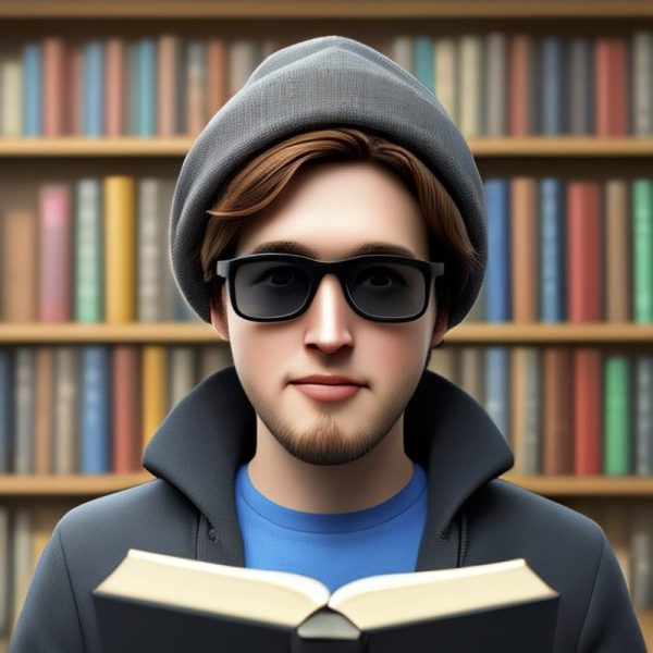 A suspicious character in dark glasses in a library with a book in his hands