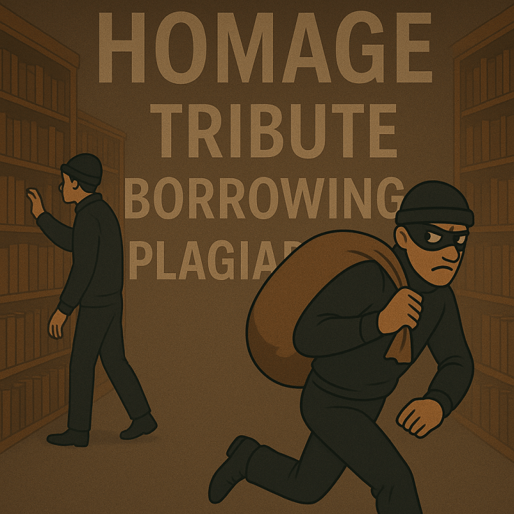 Robbers stealing books from a library. The text overlay: Homage, Tribute, Borrowing, Plagiarism